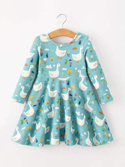 Fall Goose Print Girls Long Sleeve Twirl Dress