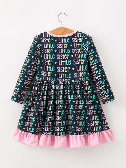 Little Sister Rainbow Letter Print Girls Ruffle Hem Dress
