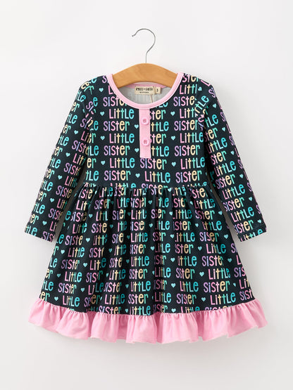 Little Sister Rainbow Letter Print Girls Ruffle Hem Dress