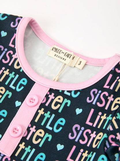 Little Sister Rainbow Letter Print Girls Ruffle Hem Dress