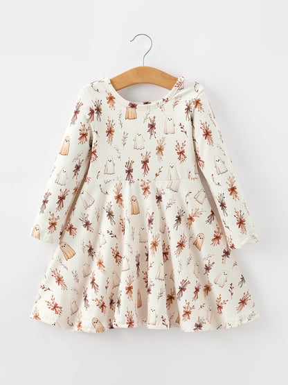 Halloween Ghost Floral Bow Girls Long Sleeve Twirl Dress