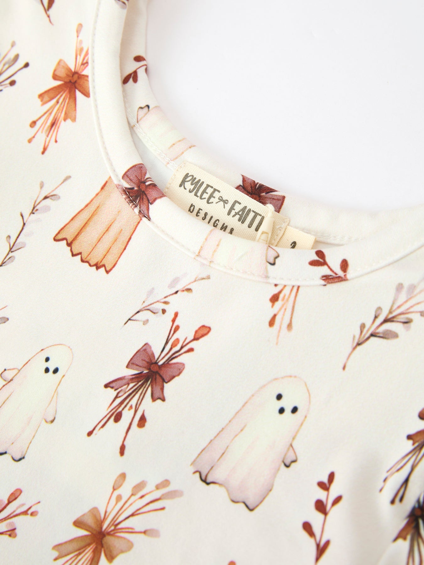 Halloween Ghost Floral Bow Girls Long Sleeve Twirl Dress