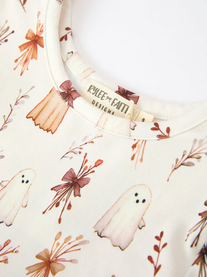 Halloween Ghost Floral Bow Girls Long Sleeve Twirl Dress