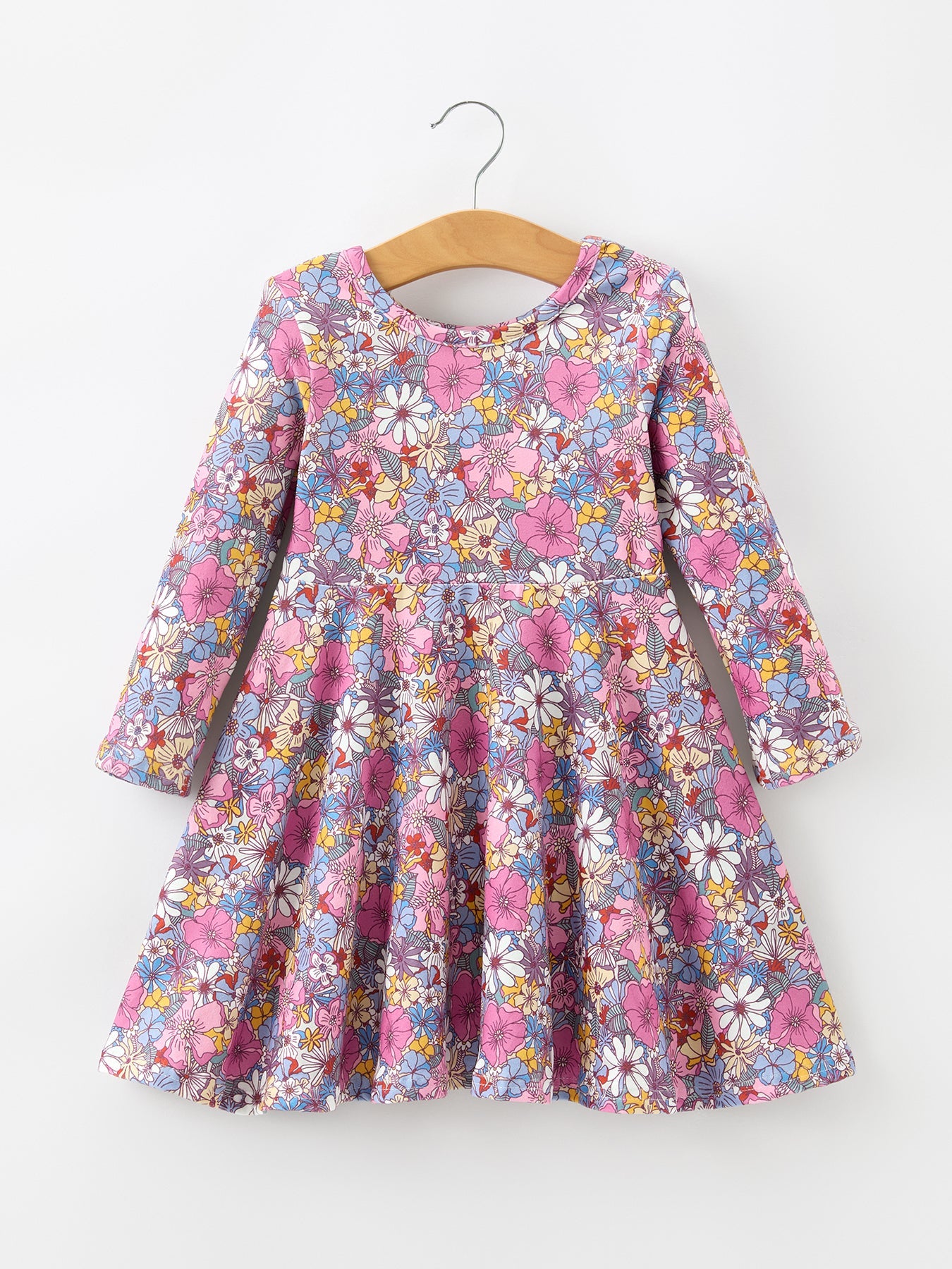 Fall Vintage Floral Print Girls Long Sleeve Twirl Dress