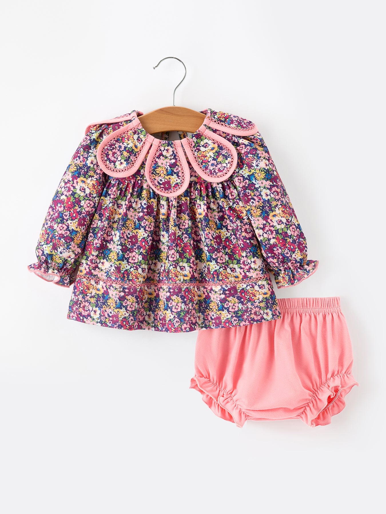 Pink Floral Petals Collar Girl Bloomer Set