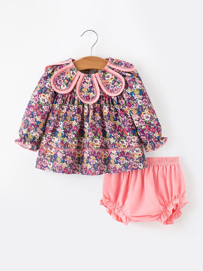 Pink Floral Petals Collar Girl Bloomer Set
