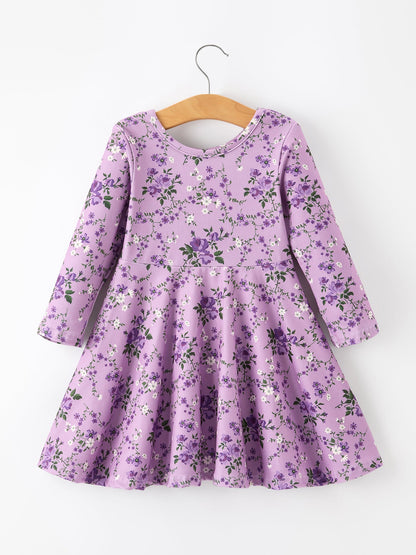 Fall Lavender Floral Print Girls Long Sleeve Twirl Dress