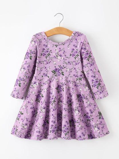 Fall Lavender Floral Print Girls Long Sleeve Twirl Dress