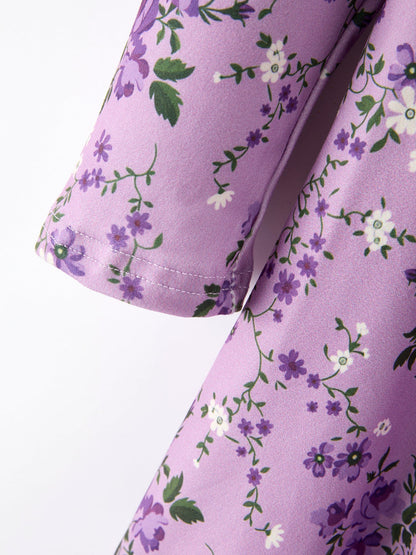 Fall Lavender Floral Print Girls Long Sleeve Twirl Dress