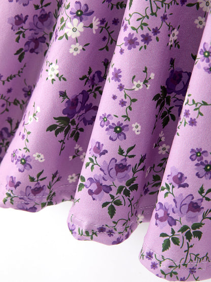 Fall Lavender Floral Print Girls Long Sleeve Twirl Dress