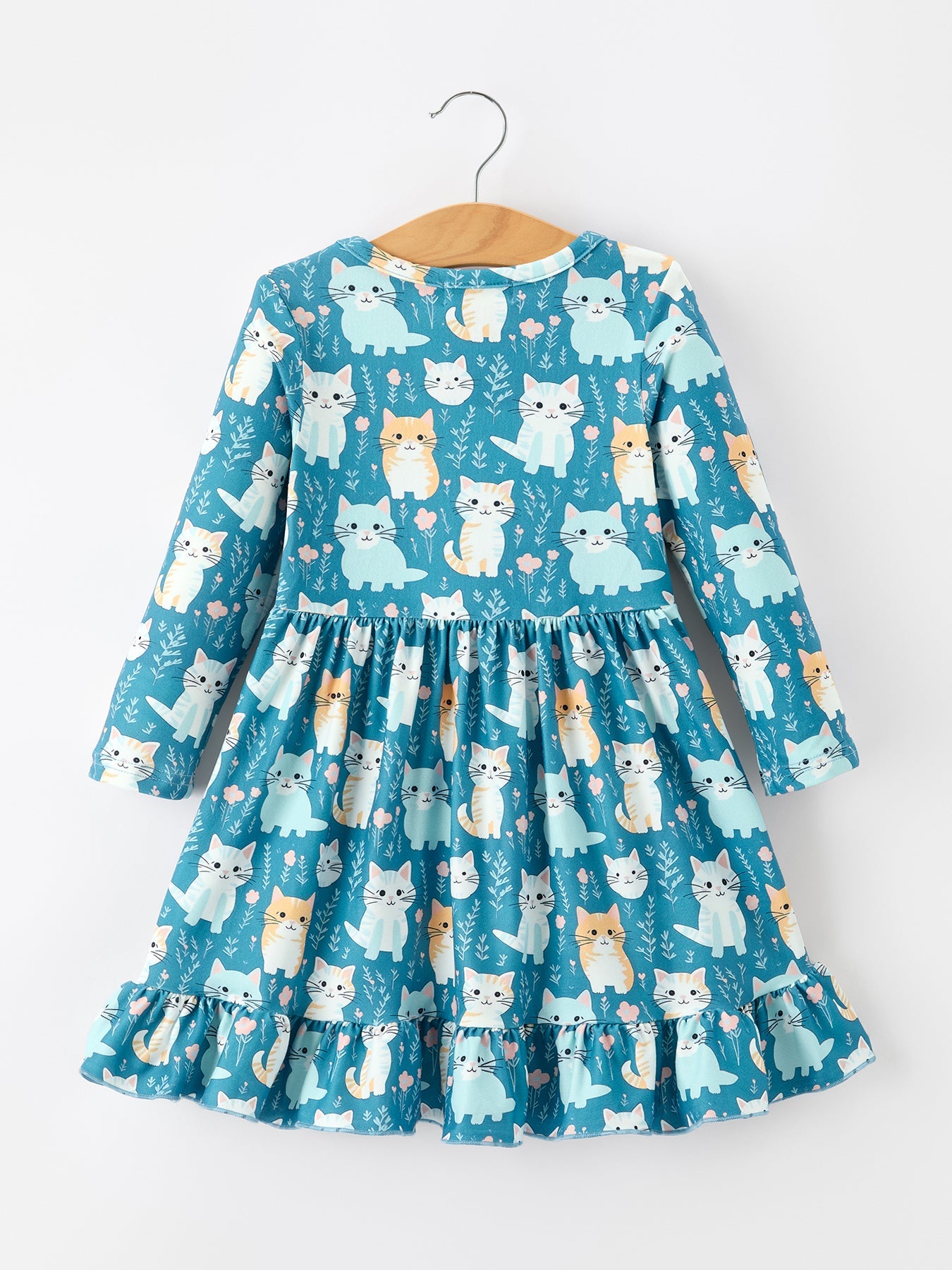 PREORDER Fall Cat Print Girls Long Sleeve Ruffle Hem Dress