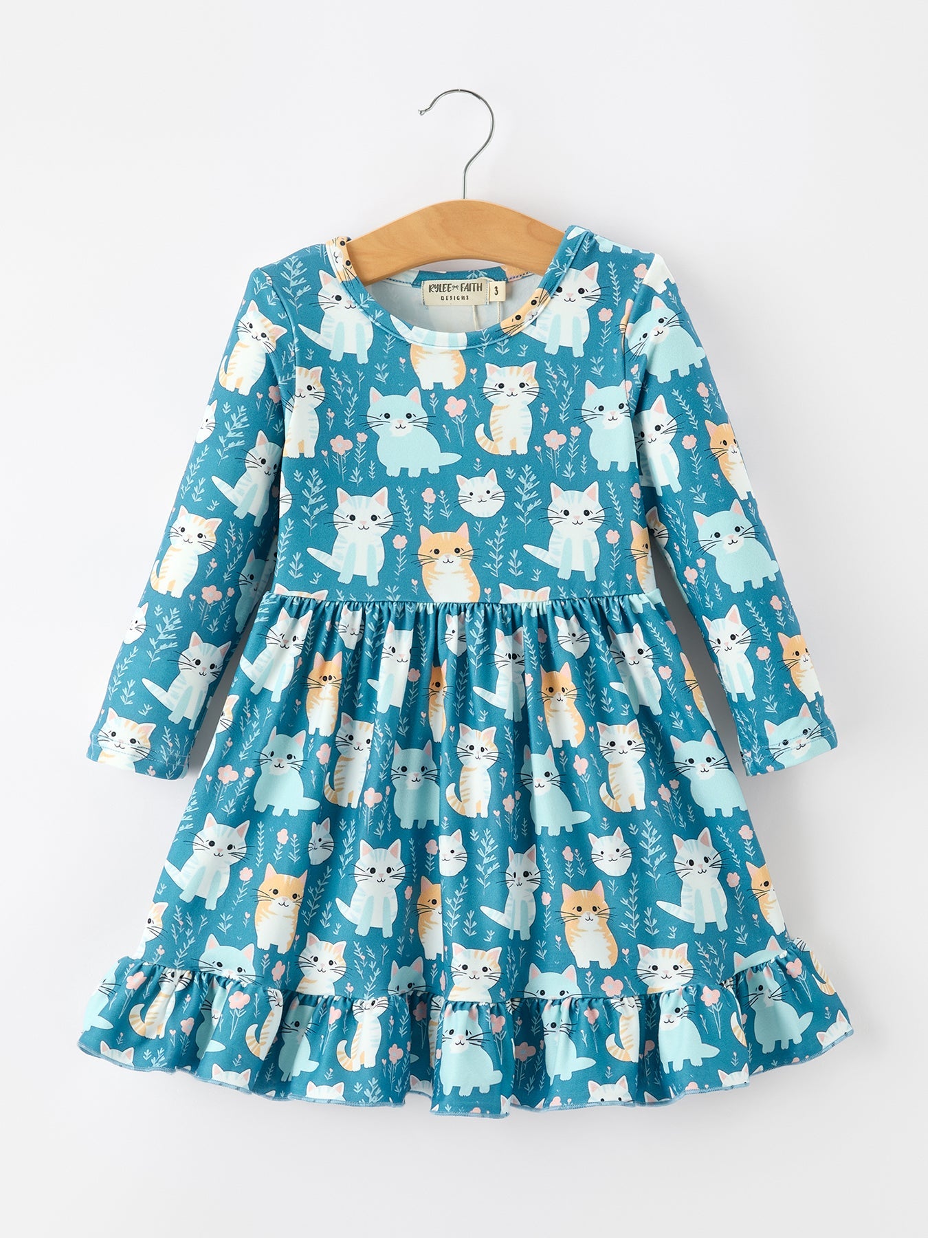PREORDER Fall Cat Print Girls Long Sleeve Ruffle Hem Dress