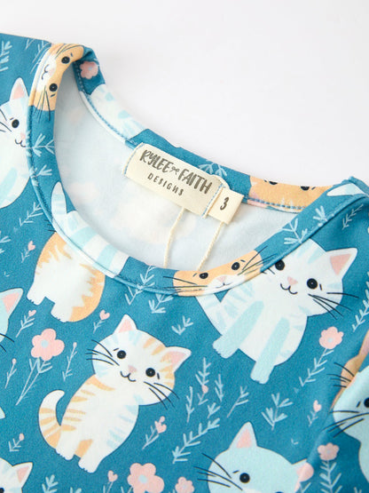 PREORDER Fall Cat Print Girls Long Sleeve Ruffle Hem Dress