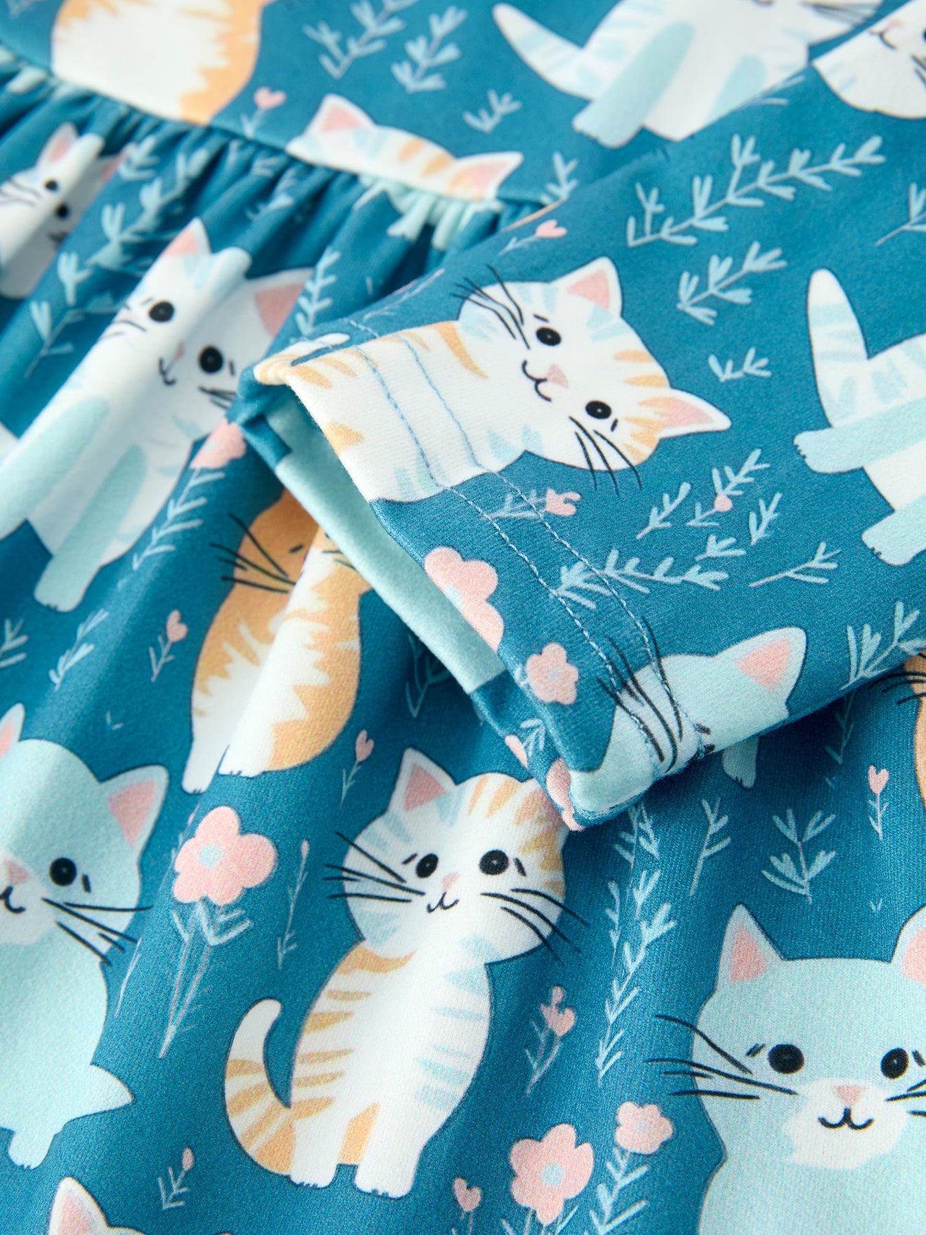 PREORDER Fall Cat Print Girls Long Sleeve Ruffle Hem Dress