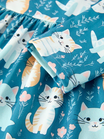 PREORDER Fall Cat Print Girls Long Sleeve Ruffle Hem Dress