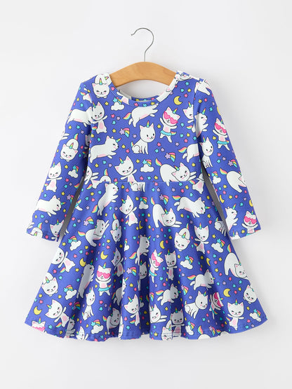 Fall Ghost Cat Print Girls Long Sleeve Twirl Dress