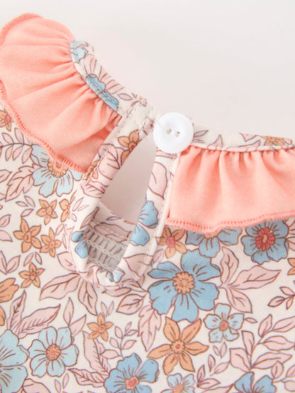 Fall Floral Baby Romper Smocked Ruffle Neck Bow