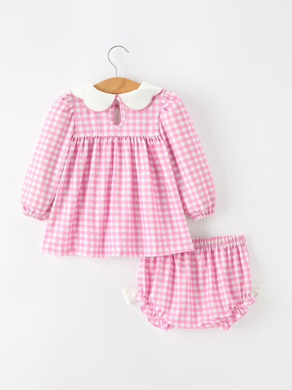 Thanksgiving Halloween Pumpkin Embroidery Pink Plaid Girls Bloomer Set