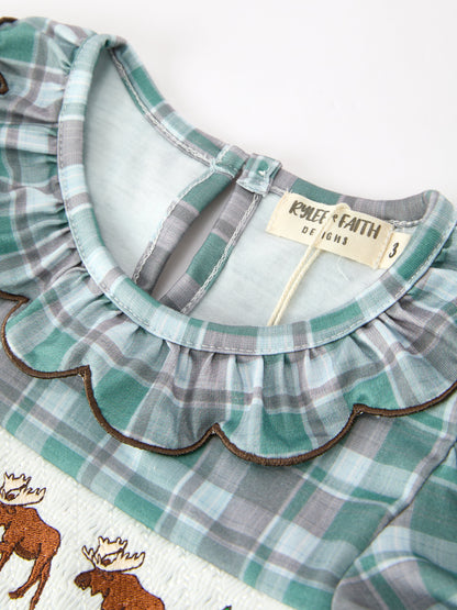 Plaid Moose Smocked Girls Puff Sleeve Dress