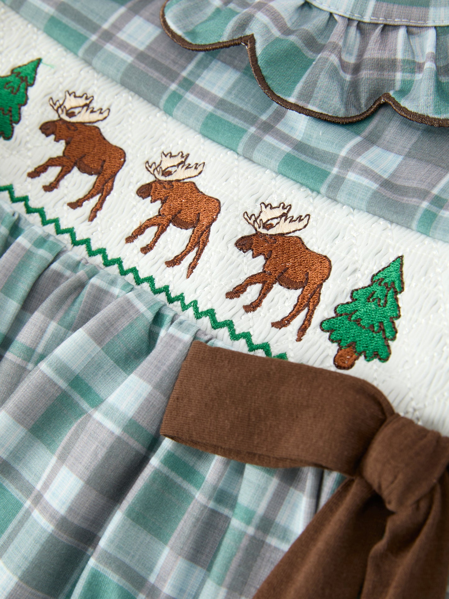 Plaid Moose Smocked Girls Puff Sleeve Dress