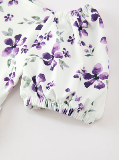 Fall Lavender Floral Puff Sleeve Girls Dress
