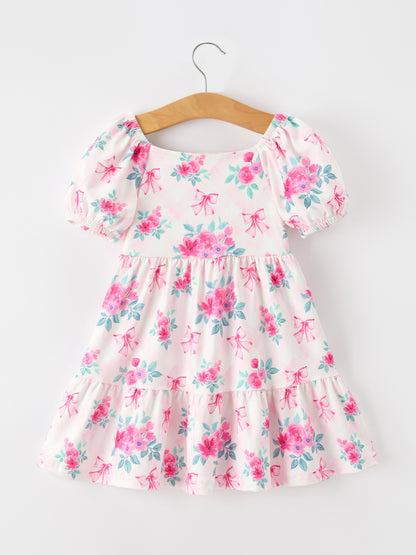 Fall Pink Floral Puff Sleeve Girls Dress