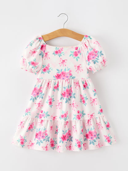 Fall Pink Floral Puff Sleeve Girls Dress