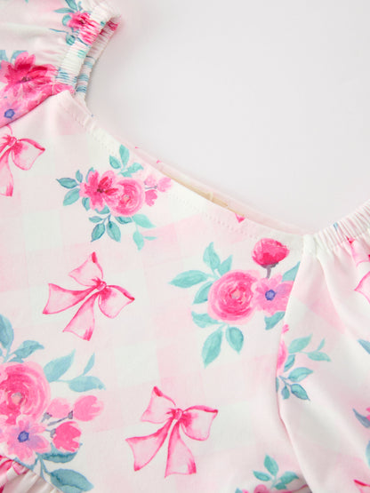 Fall Pink Floral Puff Sleeve Girls Dress