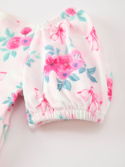 Fall Pink Floral Puff Sleeve Girls Dress