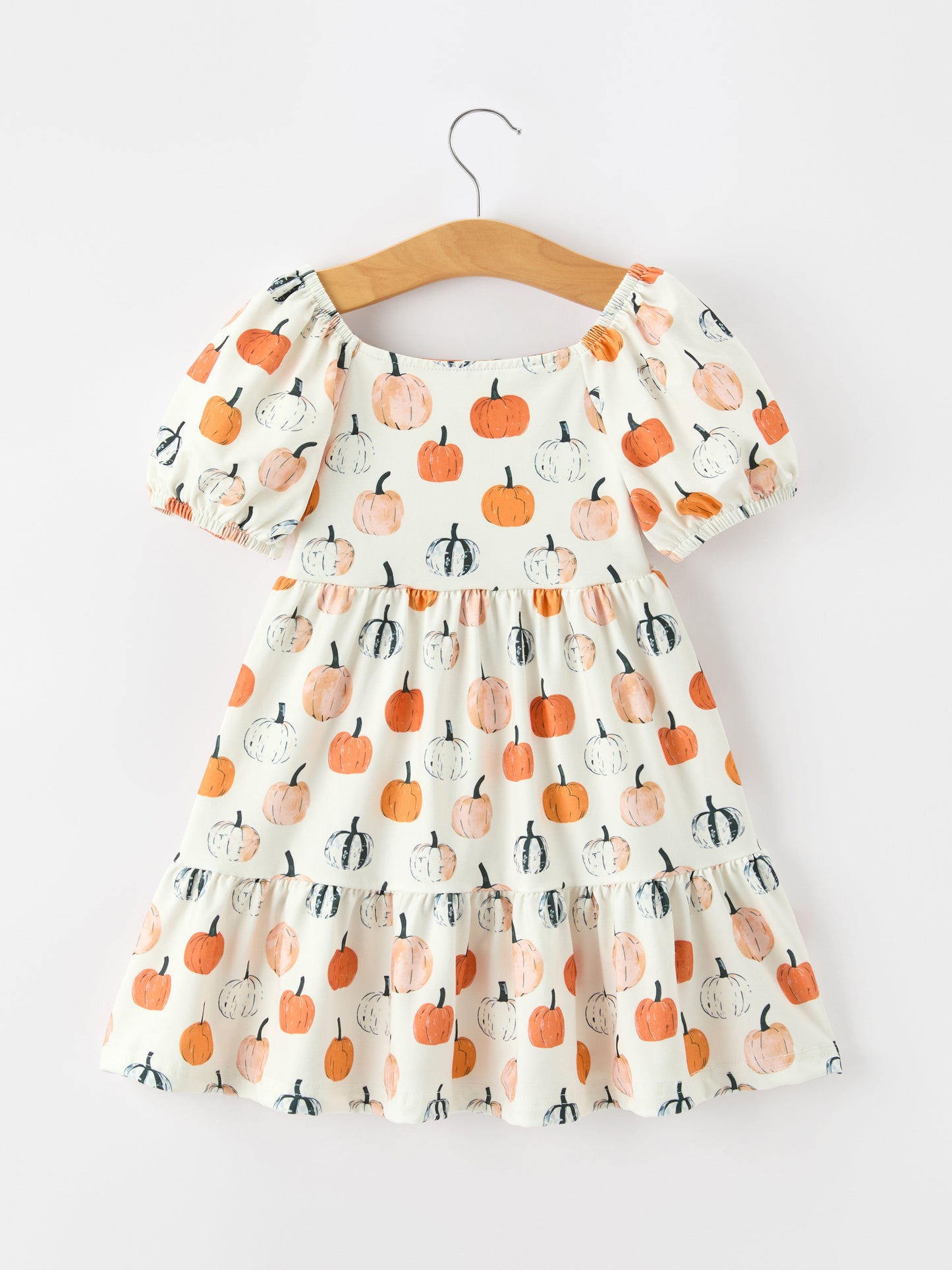Fall Pumpkin Puff Sleeve Girls Dress