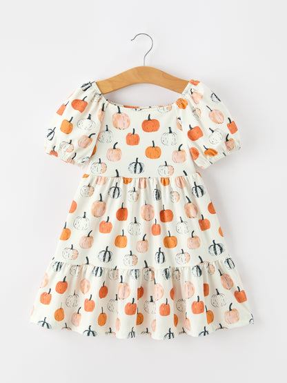 Fall Pumpkin Puff Sleeve Girls Dress