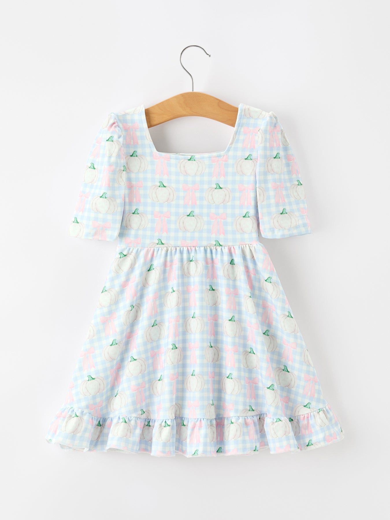 Fall Pumpkin Bow Plaid Girls Ruffle Hem Dress