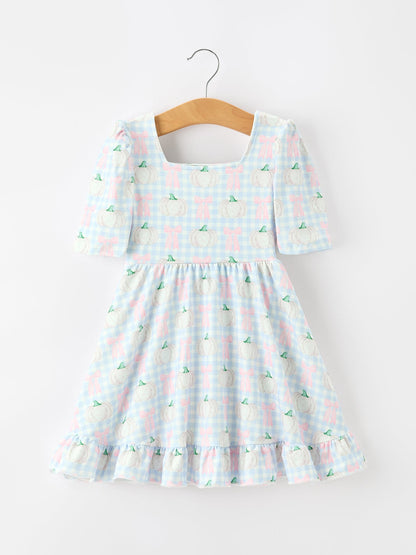 Fall Pumpkin Bow Plaid Girls Ruffle Hem Dress