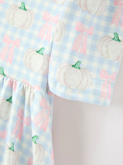Fall Pumpkin Bow Plaid Girls Ruffle Hem Dress