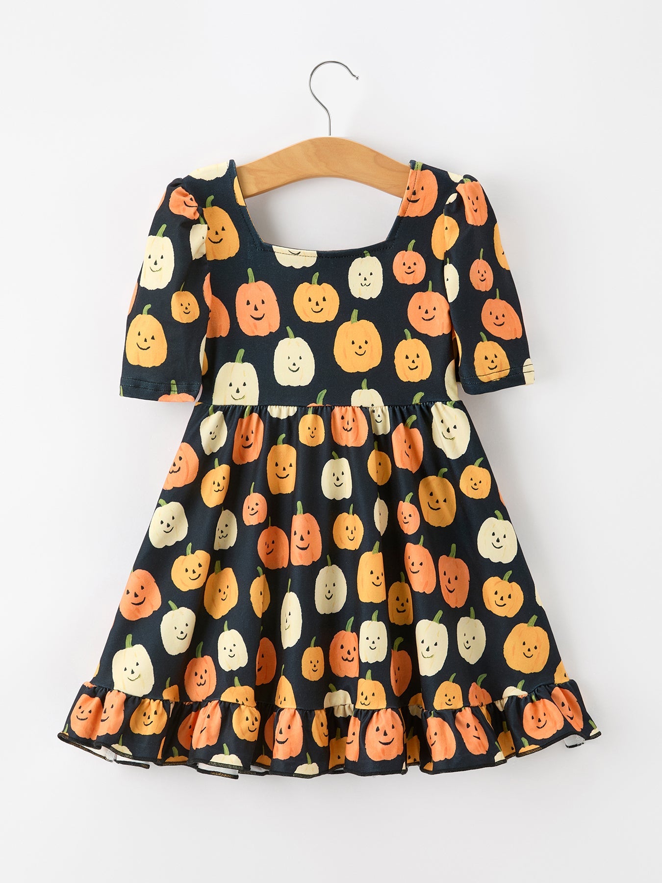 PREORDER Halloween Pumpkin Print Square Neck Girls Dress