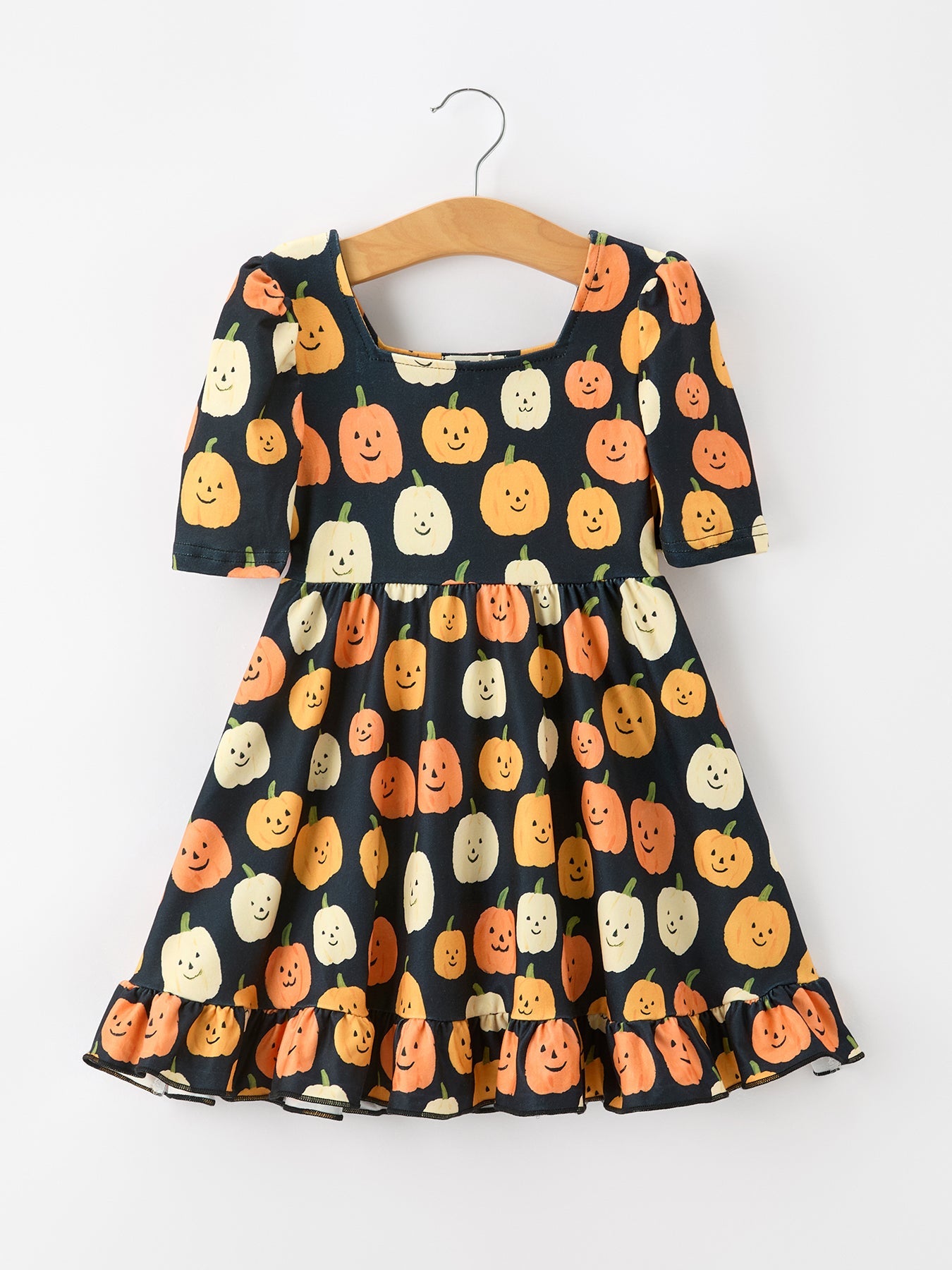 PREORDER Halloween Pumpkin Print Square Neck Girls Dress
