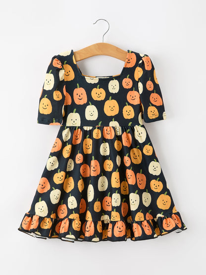 PREORDER Halloween Pumpkin Print Square Neck Girls Dress