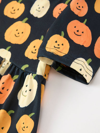 PREORDER Halloween Pumpkin Print Square Neck Girls Dress