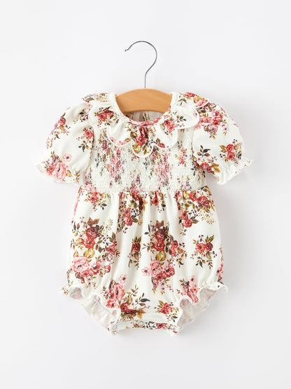 Fall Garden Baby Romper Smocked Petal Collar Bow