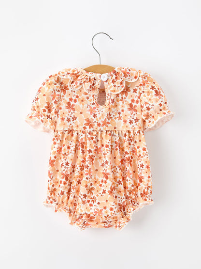 Fall Rust Floral Baby Romper Smocked Petal Collar