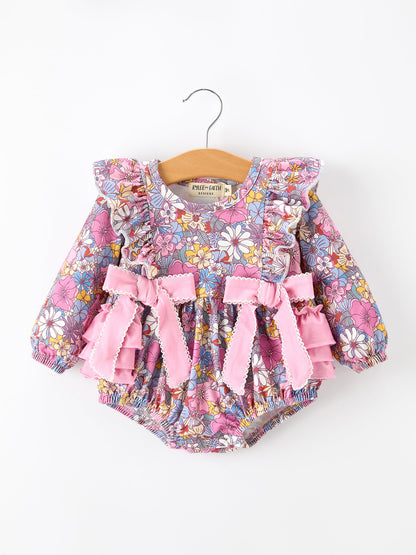 Fall Vintage Floral Print Girls Long Sleeve Romper
