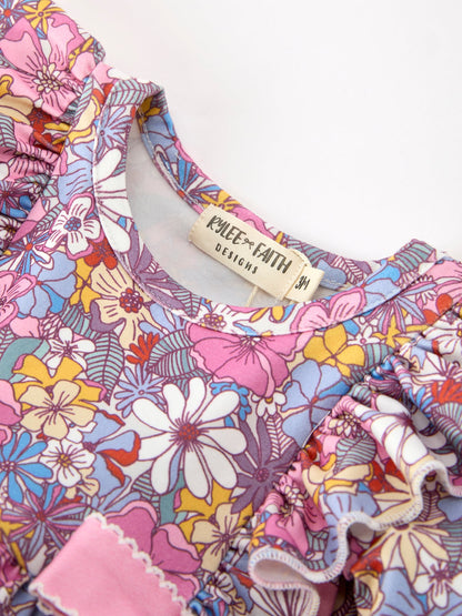 Fall Vintage Floral Print Girls Long Sleeve Romper