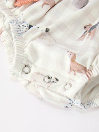Fall Plaid Dog Print Girls Long Sleeve Romper