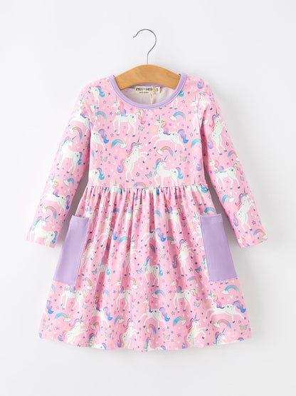 Pink Unicorn Girls Pocket Dress Rainbow Star Print