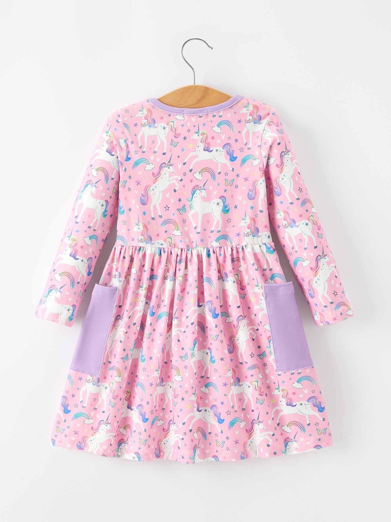 Pink Unicorn Girls Pocket Dress Rainbow Star Print
