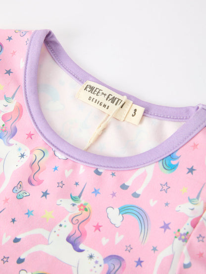 Pink Unicorn Girls Pocket Dress Rainbow Star Print