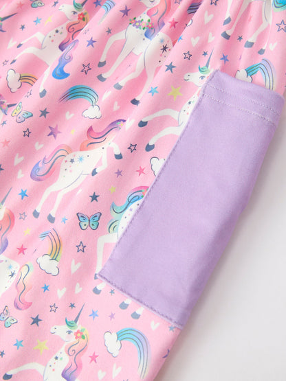 Pink Unicorn Girls Pocket Dress Rainbow Star Print