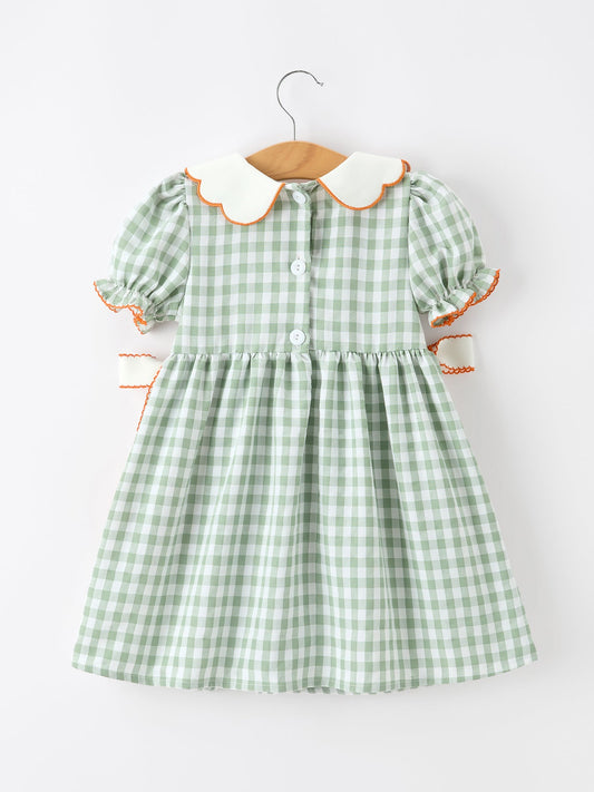 Fall Plaid Girls Dress Pumpkin Bow Smocked Peter Pan Collar