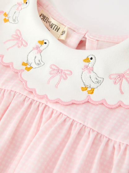 Pink Duck Embroidered Baby Girl Romper Ruffle Collar
