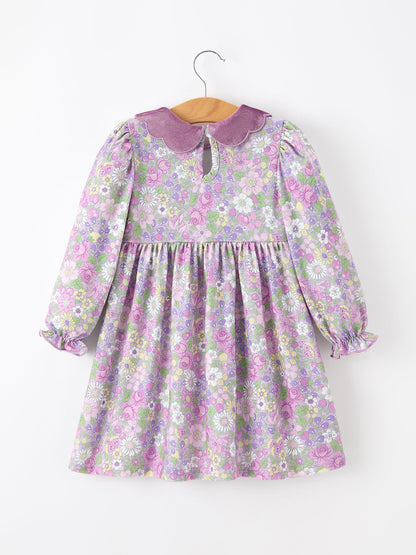 Purple Floral Girls Dress Velvet Collar Bow Long Sleeve Dress
